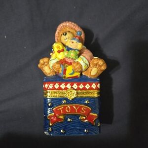 Christmas Trinket Box Girl Teddy Bear Toy Chest 5.5" Porcelain VTG Traditions